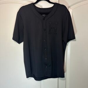 HUF Baseball Jersey Shirt Mens Large‎ Button Up Black Short Sleeve Skate Grunge